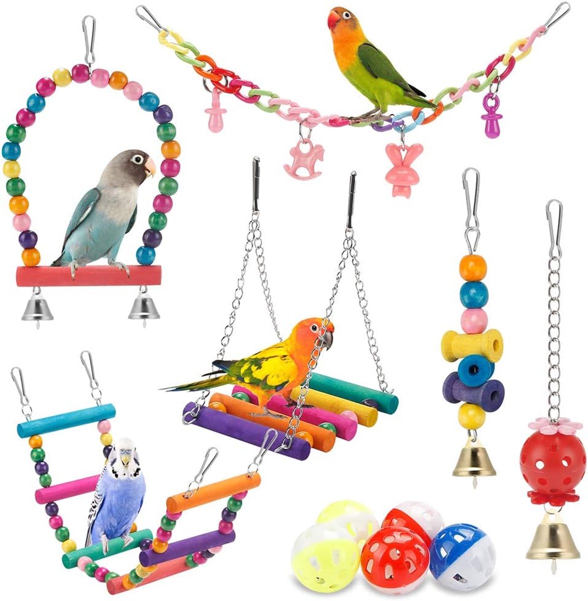 Speelgoed hangmat klimladder, kooi kleurrijk speelgoed geschikt voor grasparkiet, Conure, Valkparkiet, Mynah, Love Birds, vinken