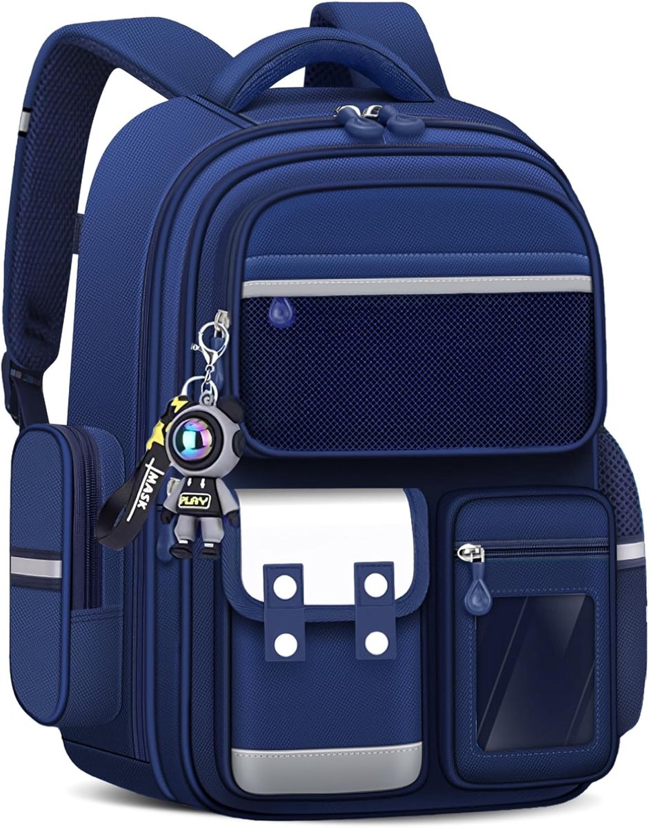VHV - Schooltas Jongens - Grote kinderrugzak met 7 vakken, borstband en reflecterende details - Blauw