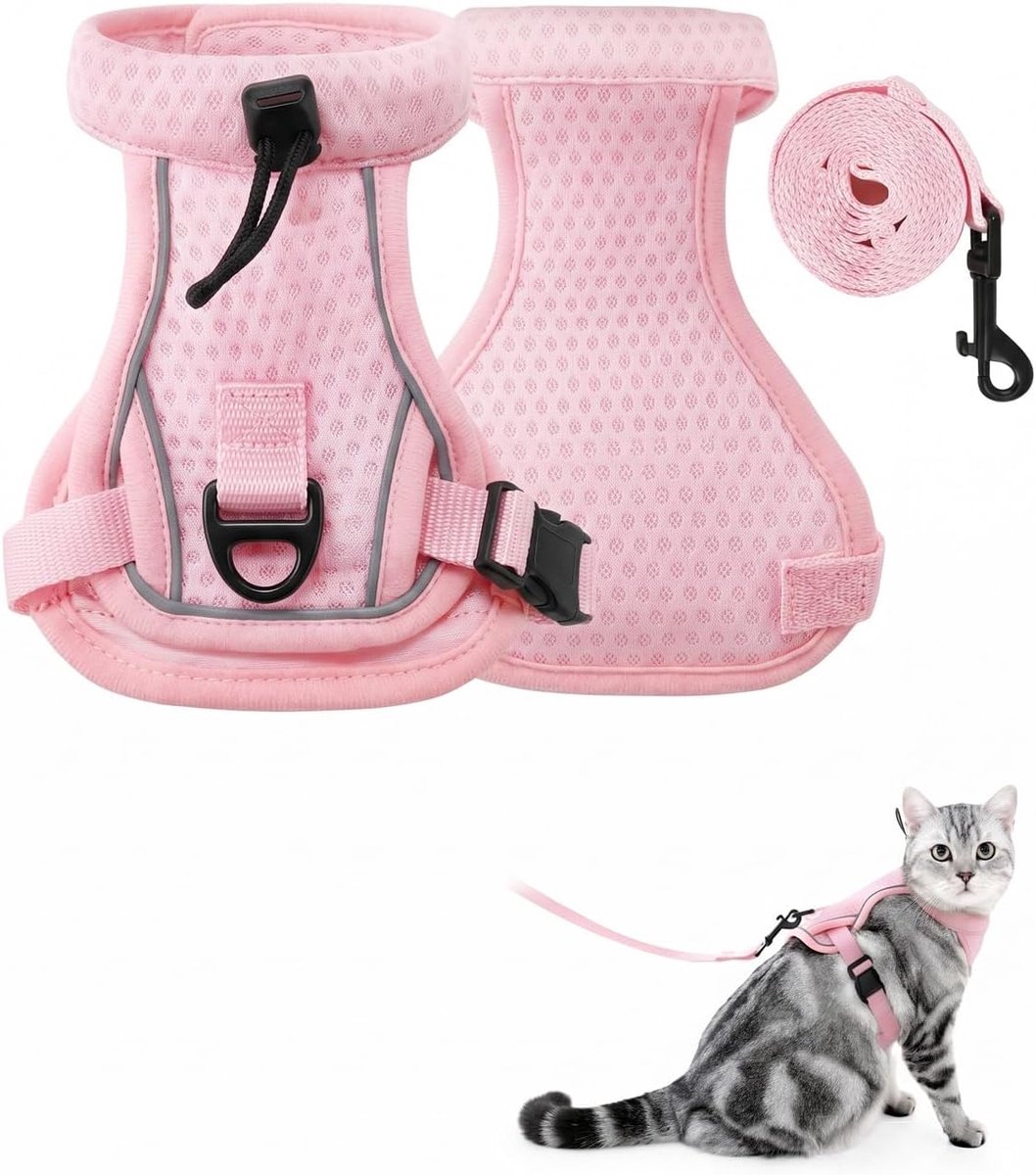 tegen ontsnapping, S, roze, met riem, 1,4 m, harnas voor kittens en katten, volwassenen, verstelbaar, van ademend mesh, reflecterend, voor wandelingen en uitstapjes buiten