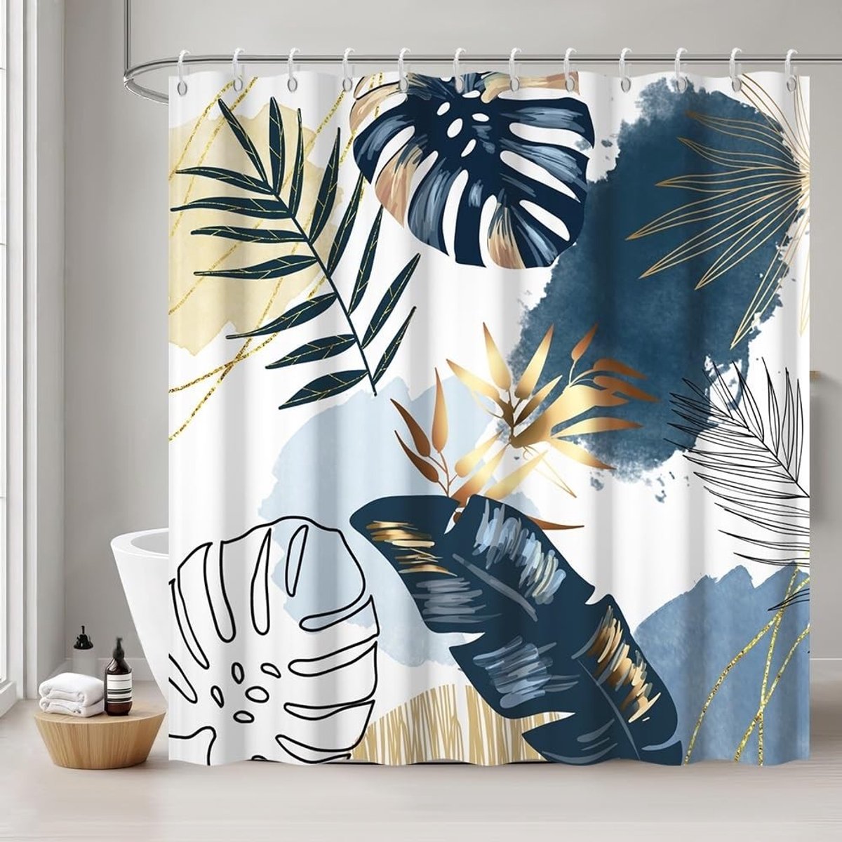 Omgoods - Douchegordijn 180 x 180 cm Tropisch Blauw met Palmbladeren