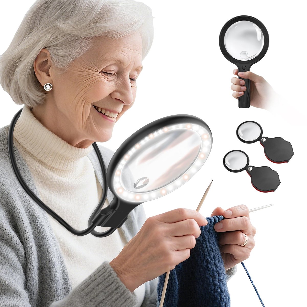 Omgoods - Dog Collar Magnifier met Licht - 5X Handheld Vergrootglas met 10X Kleine Vergrootglazen en Beschermcase