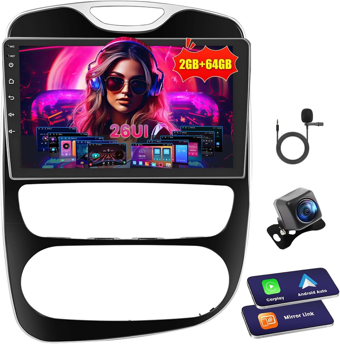 Autoradio voor Renault Clio 2013-2018, Android 2G + 64G, Wireless Carplay & Android Auto, Radio 2 Din met GPS/WiFi/Bluetooth/USB/RDS/FM microfoon achteruitrijcamera