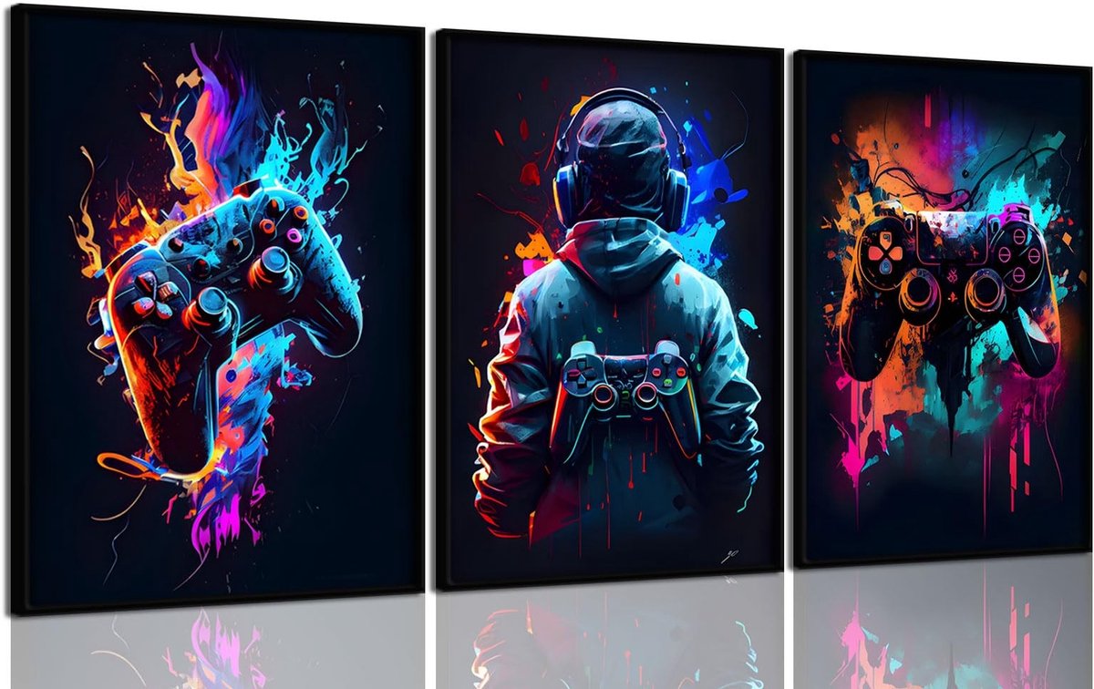 Omgoods - Set van 3 Retro Gaming Wandkunst - Watercolor Posters voor Jongenskamer