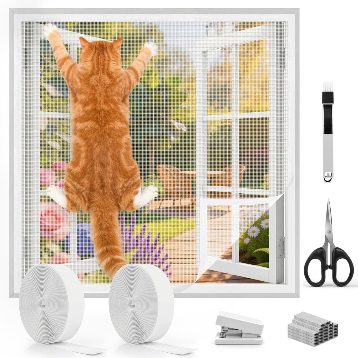 Katten Raamhor - 100 x 150 cm Zelfklevend Raamnet voor Katten - Versterkt Huisdier Beschermnet met DIY Montage Set - Inclusief Borstel, Schaar en Nietjes - Veilig Raam Beschermnet tegen Uitvallen