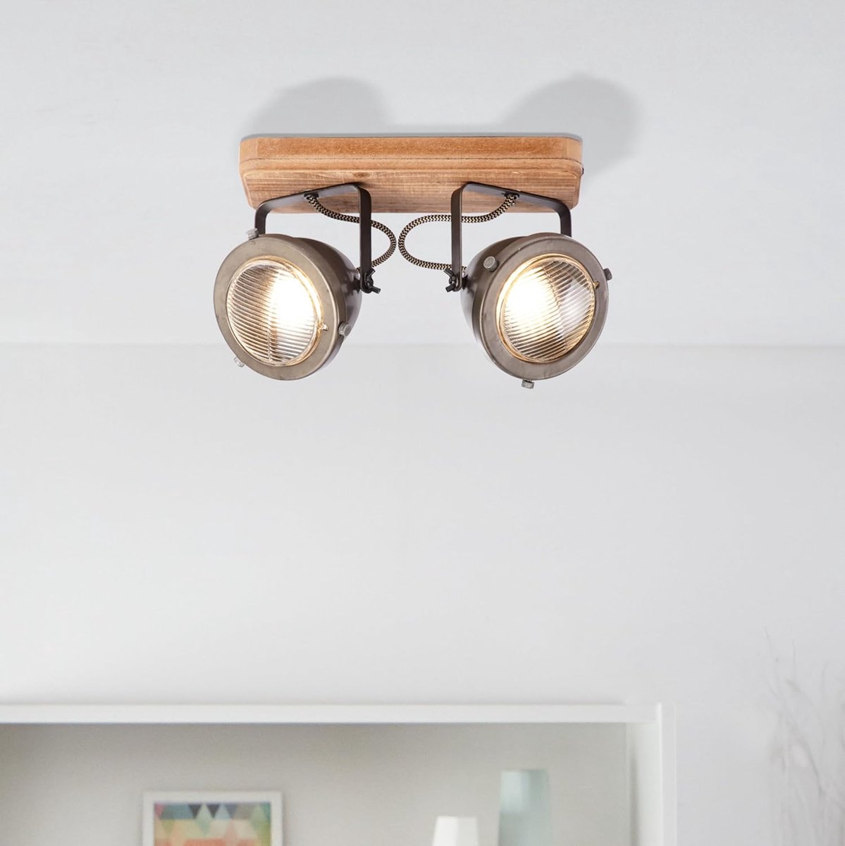 Deckenspot mit elegantem Industrial Design | 27 x 12 cm | rustikale Deckenlampe für angenehme Ausstrahlung im Wohnzimmer | GU10 Fassung | aus Metall/Holz in Stahlfarben