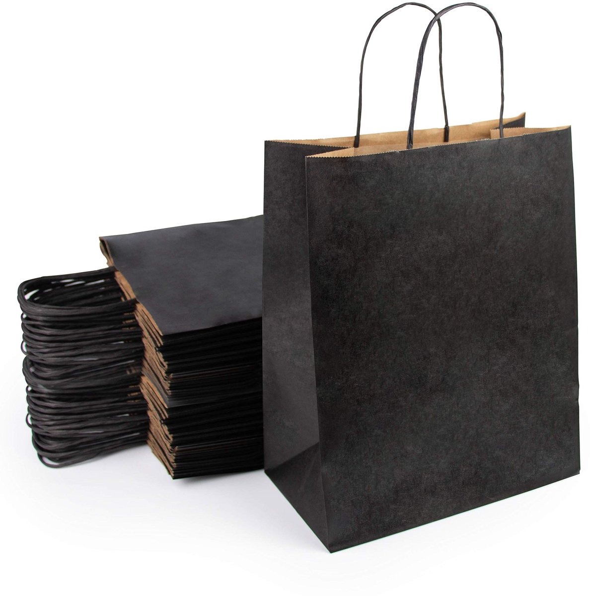 Omgoods - 50 Zwarte Kraft Papieren Zakjes met Handvat - 26 x 14 + 32 cm