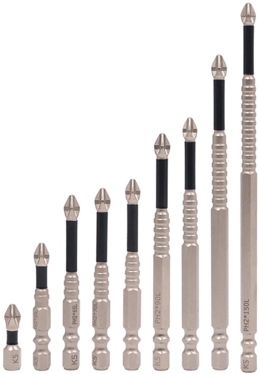 9 stuks, 25/50/65/70/75/90/100/120/150 mm, kruissterke magneetboor, slagvaste, antislip schroefbits met schroefdraad, magnetische bits, voor elektrische boormachine