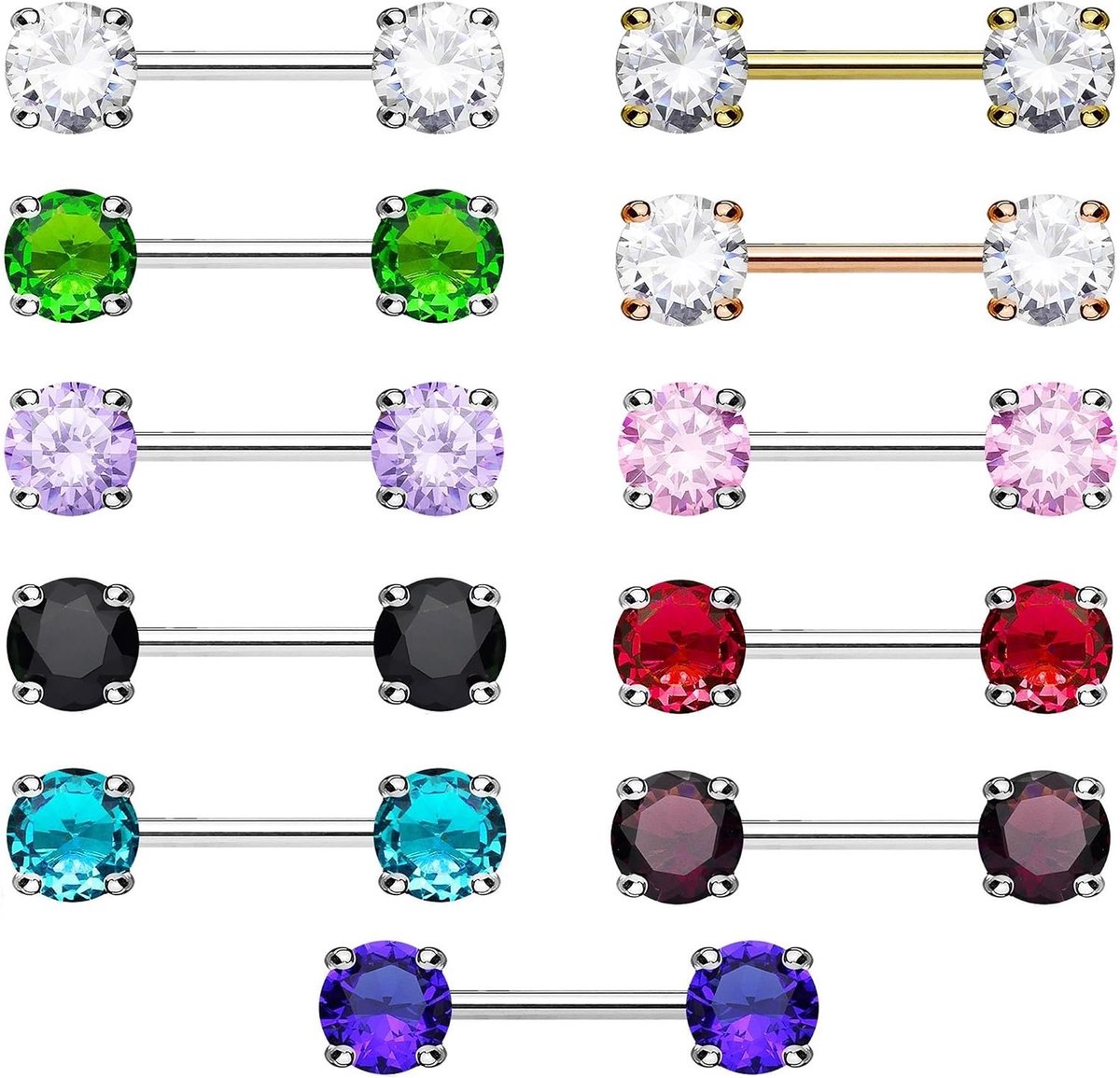 2 grote ronde zirkonia tepelpiercing tepelpiercing roestvrij staal vele kleuren staaf 1,6 mm 12 mm, Roestvrij staal roestvrij staal 316 liter, Zirkonia