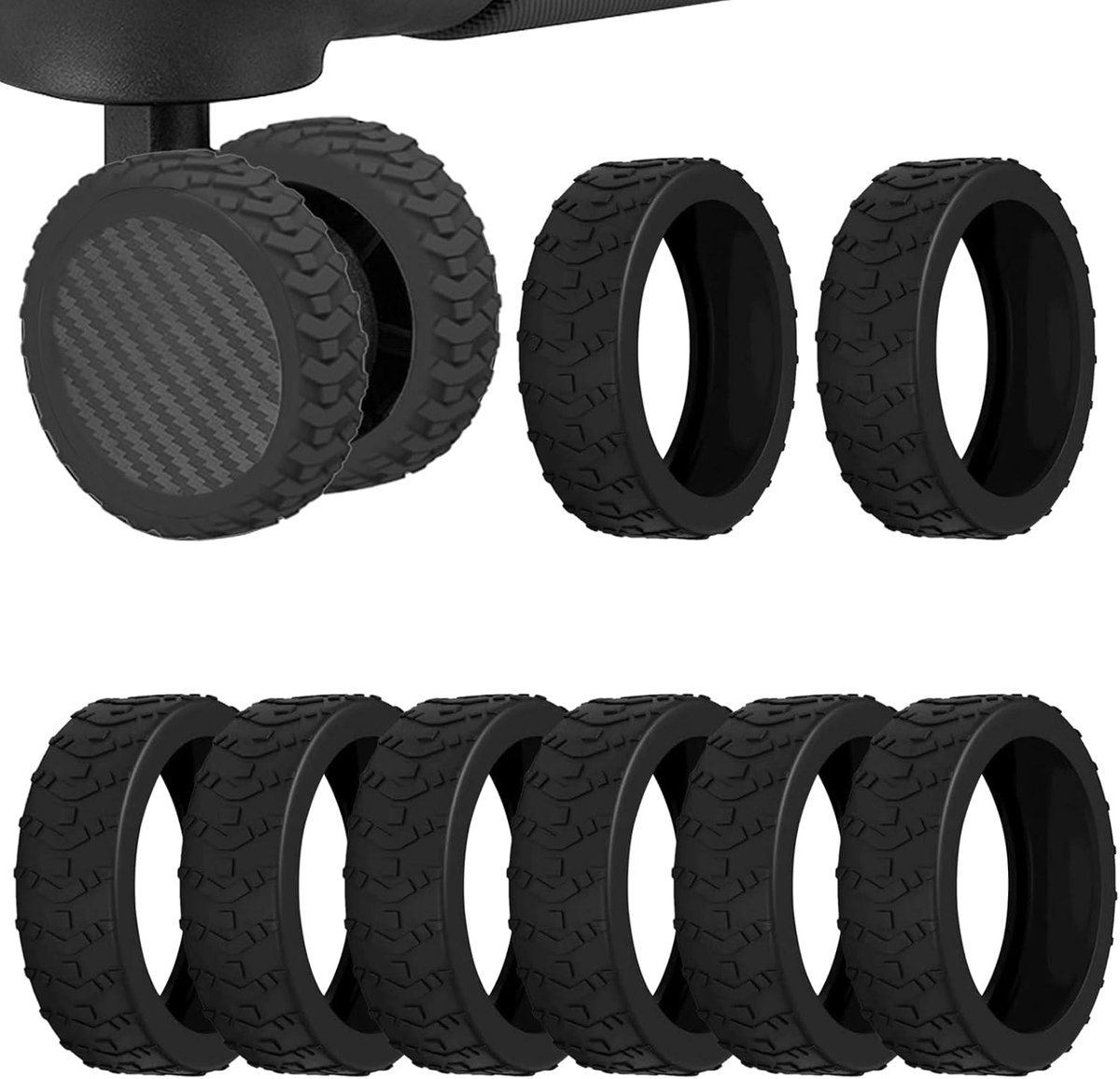 8 stuks siliconen wielbeschermhoezen, antislip, waterdicht, voor bagage, kofferwielen, bescherming, geluiddempend, universeel, 3-5 cm, zwart