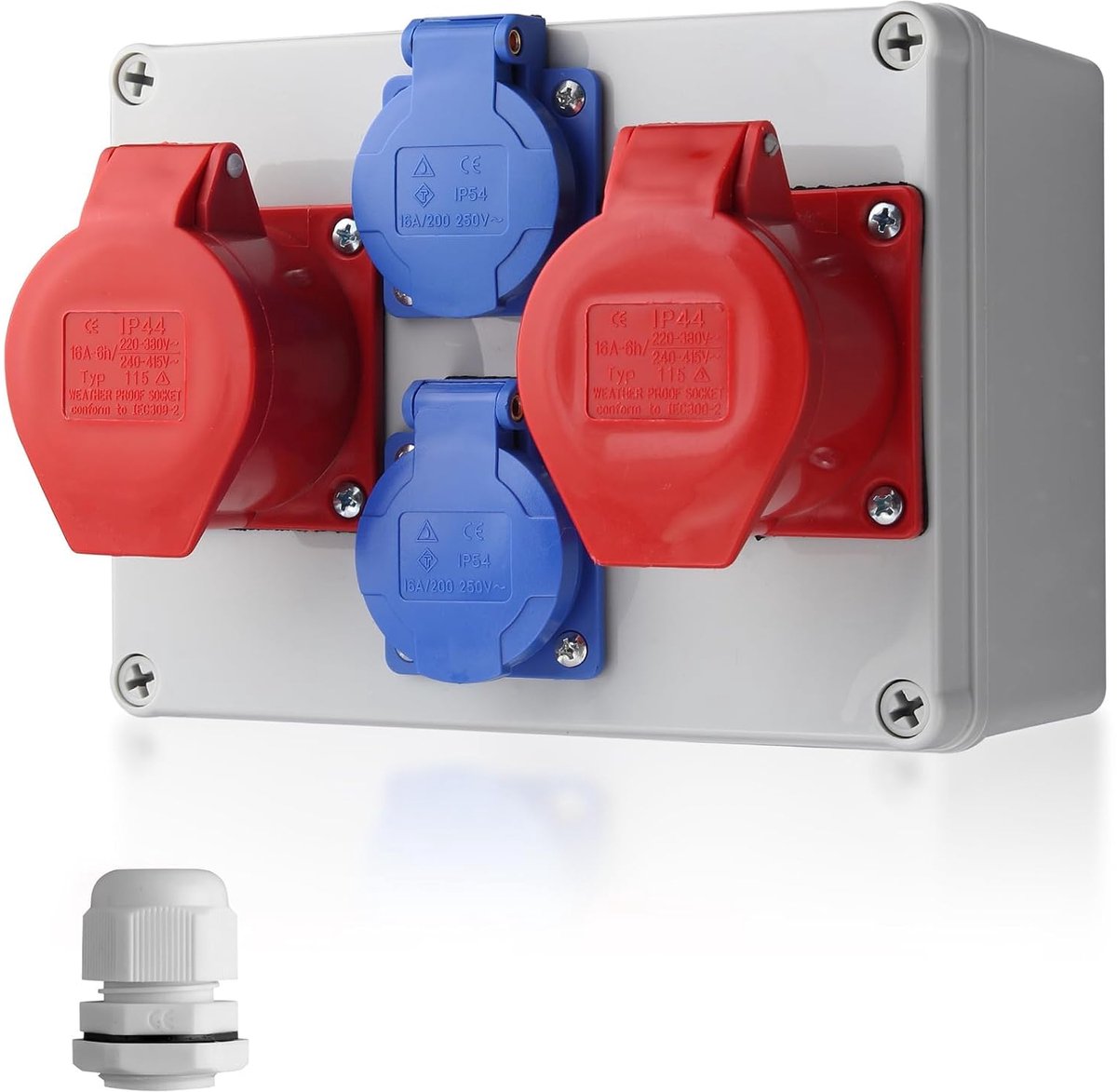Bouwstroomverdeler, wandverdeler 2 x 230 V Schuko-stopcontact, 2 x CEE-stopcontact, 16 A stroomverdeler, IP66/IP54 waterdicht, kleine stroomverdeler voor binnen en buiten, werkplaatsen