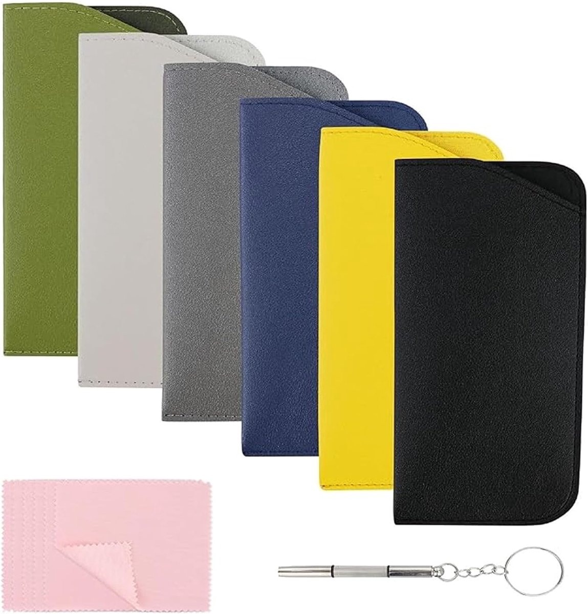 Brillenkokers, 6 stuks, zacht, voor dames en heren, met 6 brillenpoetsdoeken + 1 schroevendraaier-accessoire, zwart + groen + lichtgrijs + donkergrijs + blauw + citroengeel, M
