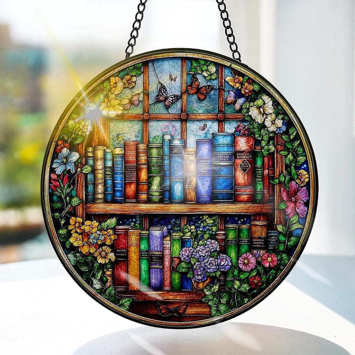 Boekenplank Gekleurd Glas Hangend - Bloem Hangende Raamdecoratie - voor Tuin, Raam en Deur, Verjaardag voor Vrouwen, Handgemaakte Suncatcher Decoratie 20x20 cm