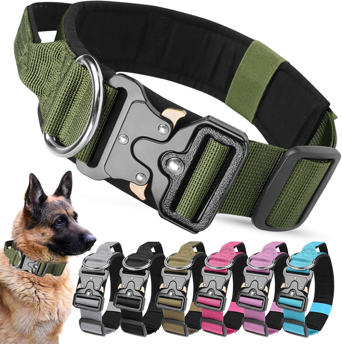 hondenhalsband, breed en duurzaam met handgreep en zachte bekleding, verstelbare en comfortabele halsband voor het trainen van kleine, middelgrote en grote honden (legergroen)