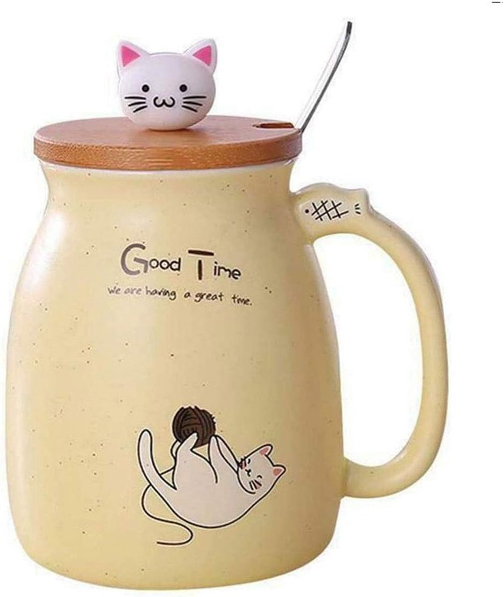 kat keramische mok met lepel en driedimensionale Kitty houten deksel, koffiekop, theekop melkbeker voor cadeau, geel 450ml/15oz