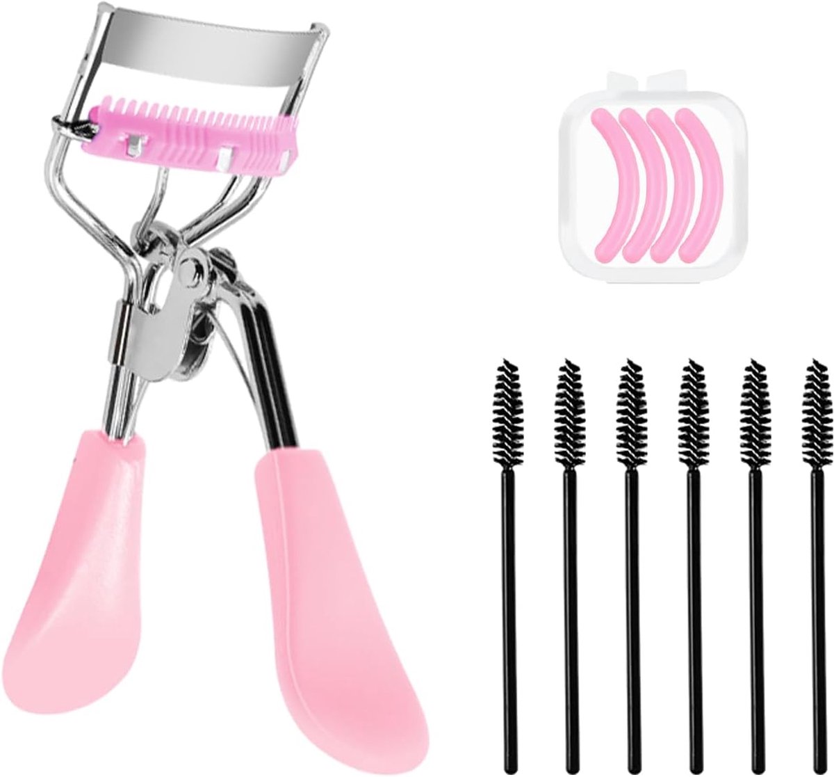1 wimpertang van koolstofstaal, 6 wimperborstels, wenkbrauwborstels, make-up-gereedschap, geïntegreerde kam voor het krullen en verfraaien van de wimpers (roze)