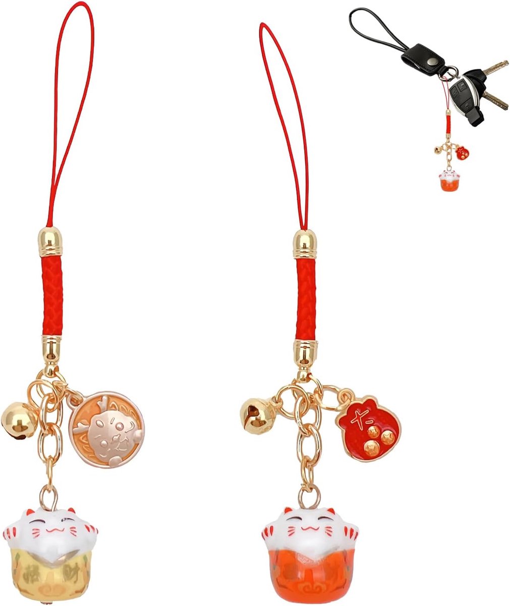 Neko Japanse geluksbrenger kat met belletje, sleutelhanger amulet gelukstoverstaf, 2-delig, elegant cadeau voor handtas/telefoon/autosleutels
