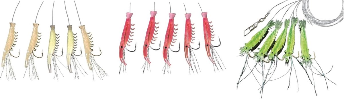 by Jenzi Makreel-Shrimp met 3 zeevoorvakken 5 armen oplichtend Noorwegen gemonteerd lengte 150 cm, lijndikte 0,60/0,35 mm, haakmaat 4