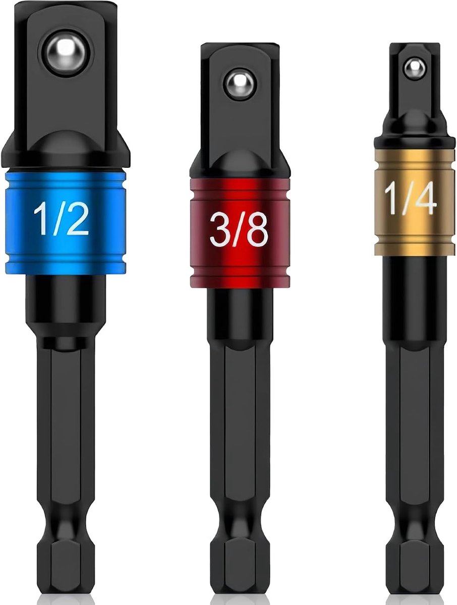 3-delige dopsleuteladapterset voor slagschroevendraaiers, bits 1/4, 1/2, 3/8 inch, slagschroevendraaierbit, adapter voor dopsleuteldeur, accessoires om te knutselen