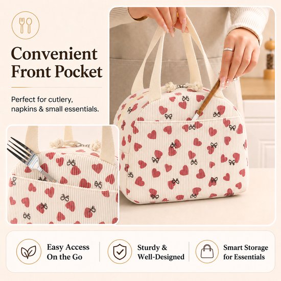 Rainbecom - Koeltas - Koeltassen 6.5 L - Lunchtas Dames en Kinderen - Geïsoleerde Lunch Bag met Voorvak - Corduroy - Beige met Hartjes van Rainbecom — afbeelding 4