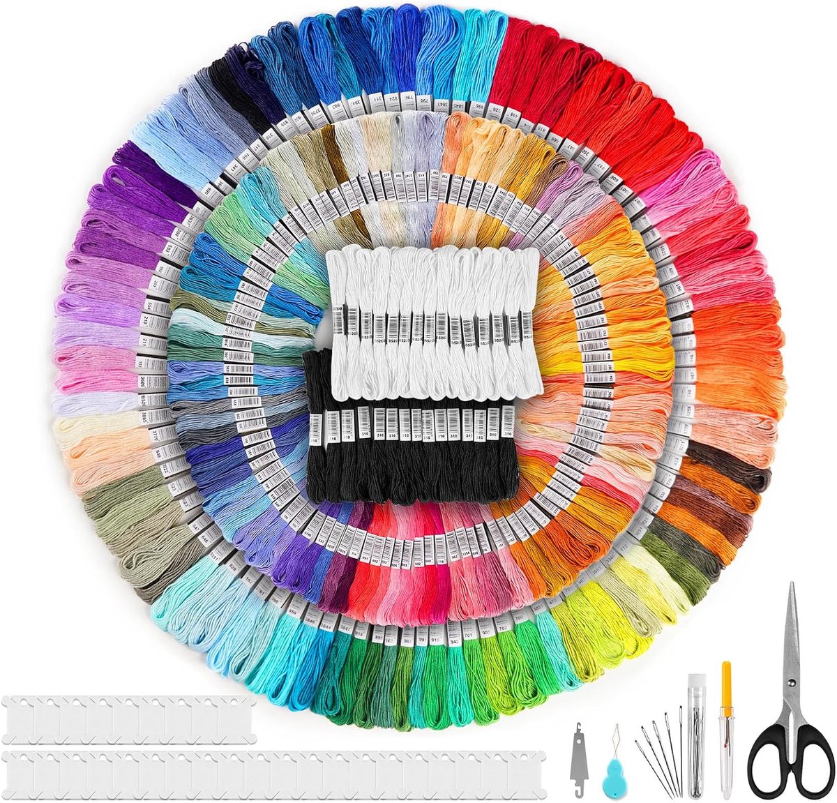 289 stuks borduursets voor beginners, inclusief 200 gekleurde borduurgaren en 30 zwart-witte draden, 30 draadorganizers, 2 naalddraden, verwijdertool, borduurnaalden en schaar