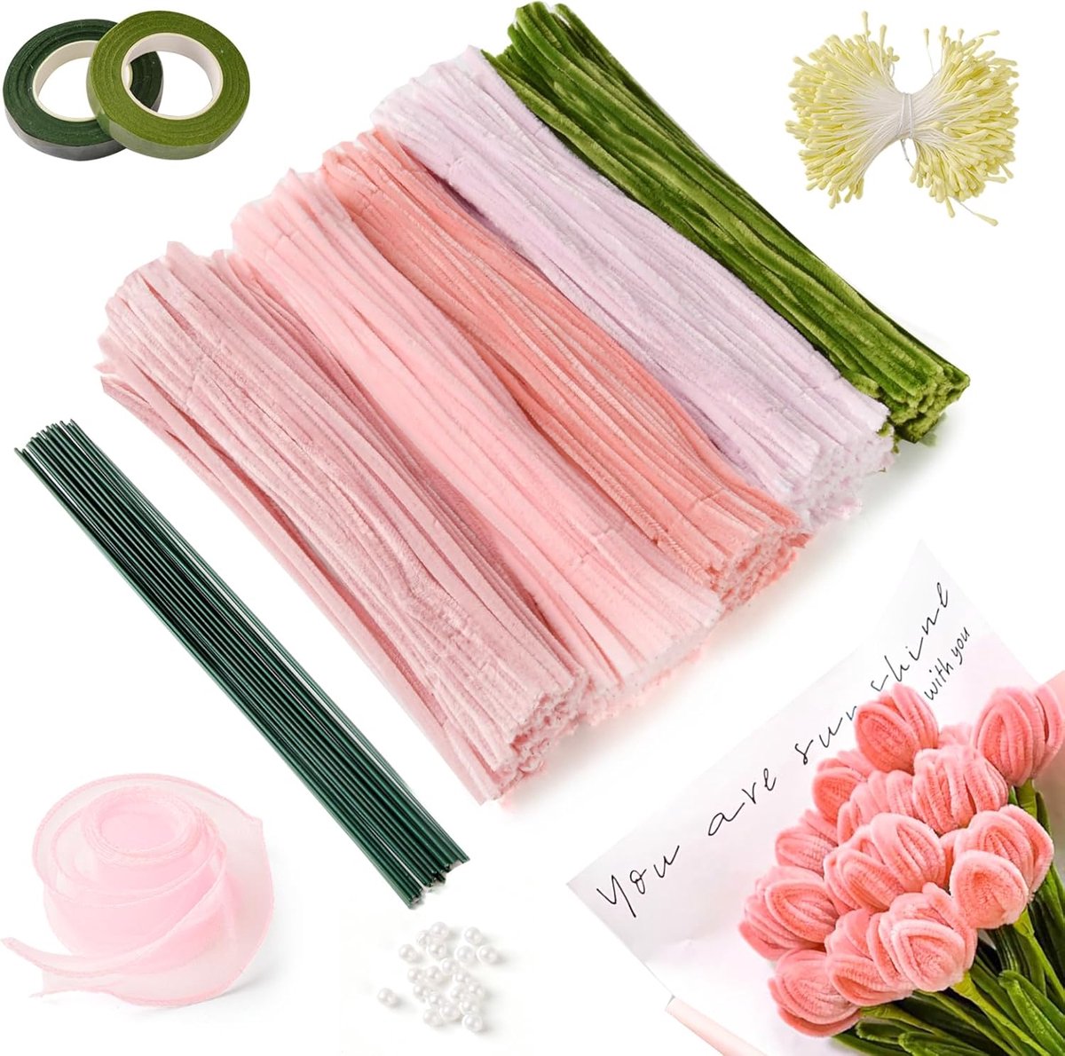 551 stuks roze pijpenreiniger bloemenkit voor tulpenboeketten, pijpenreinigers voor knutselbloemen, chenillestelen, knutselbenodigdheden, 5 kleuren met bloemendraden, tape, boeketverpakking, lint