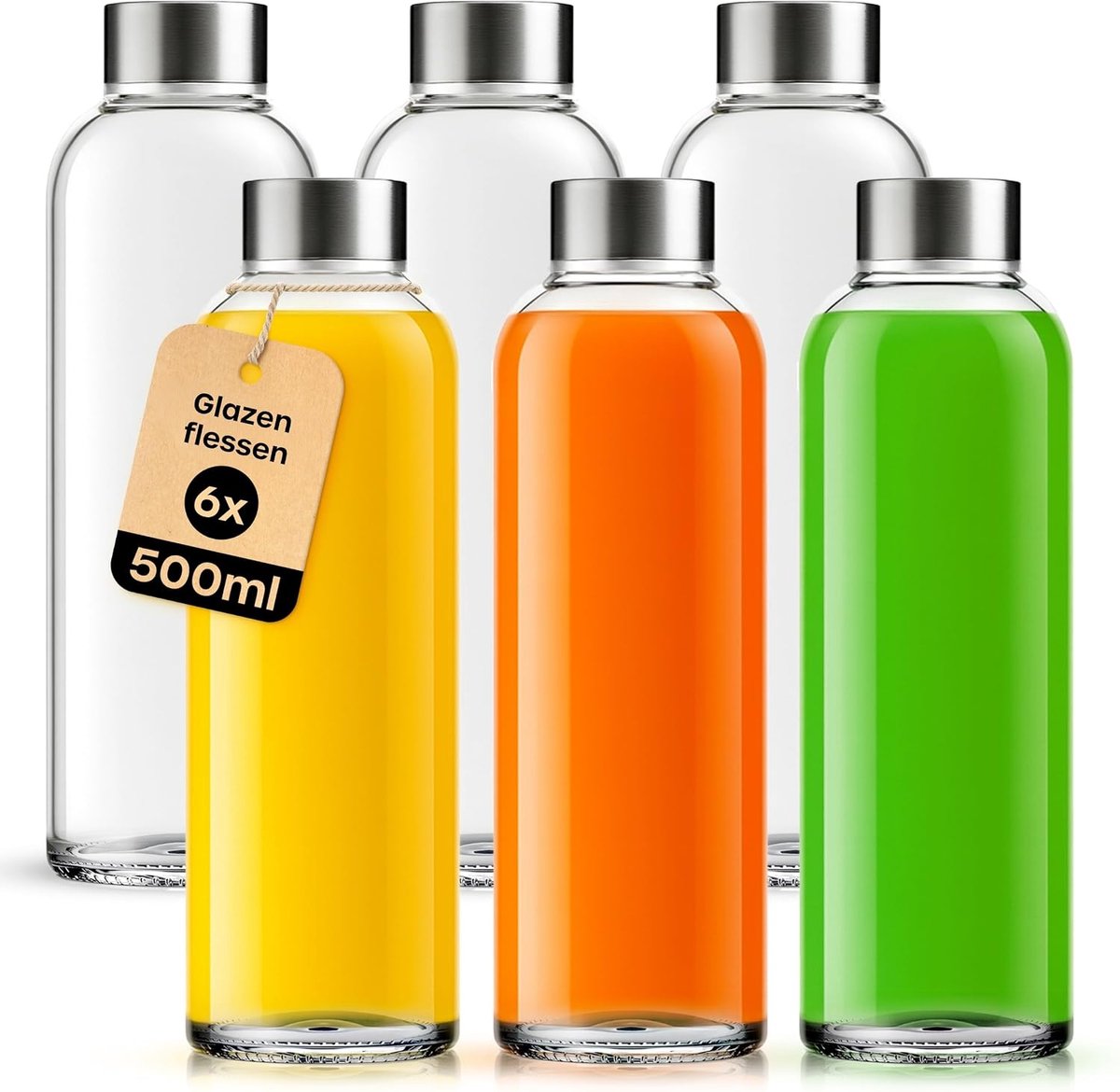 Flessen met Deksels - 6-Pack 500ml Lekvrije Glazen Fles voor Water, Sap, Melk en Smoothies - Herbruikbare Glazen Drinkfles met Luchtdichte Metalen Deksels, Reinigingsborstel en Witte Labels