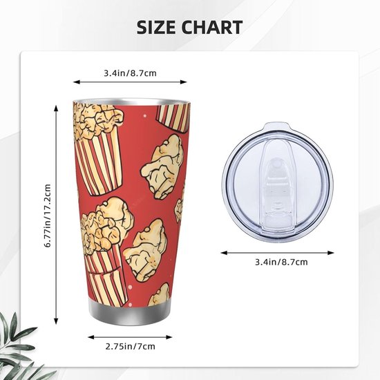 Roestvrijstalen Beker - Geïsoleerde Mok Koffiebeker - Dranken Warm Houden - Dubbelwandige Vacuüm Isolatie - 20 oz - Popcorn Print — afbeelding 3