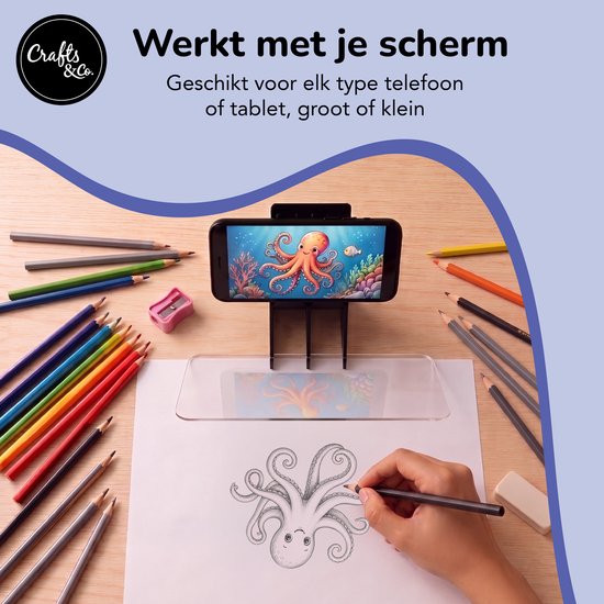 Enfant dessine une pieuvre depuis un smartphone. Smartphone sur support noir avec écran de réflexion. Texte : Fonctionne avec votre écran