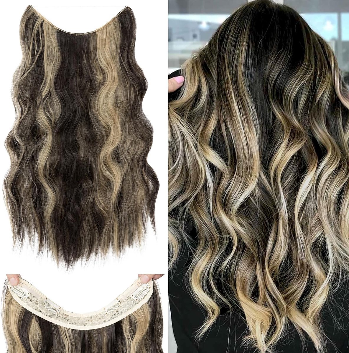 Haarverlenging met elastiek, verstelbaar Secrets haarstukje, synthetisch, extensions met koord en clips, lange golvende extensies voor vrouwen, donkerbruin highlights goudbruin, 60 cm