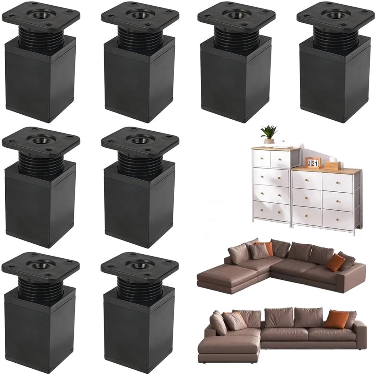 Omgoods - Set van 8 Verstelbare Meubelpoten - Zwart Aluminium 6 cm Hoog