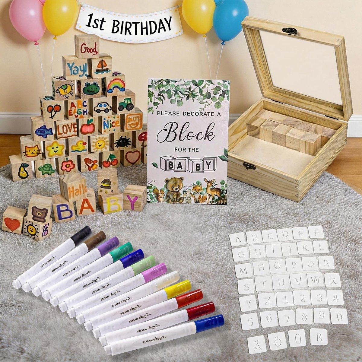 Omgoods - 102 Stuks Babypartyspelset voor Gasten - DIY Houten Dobbelstenen