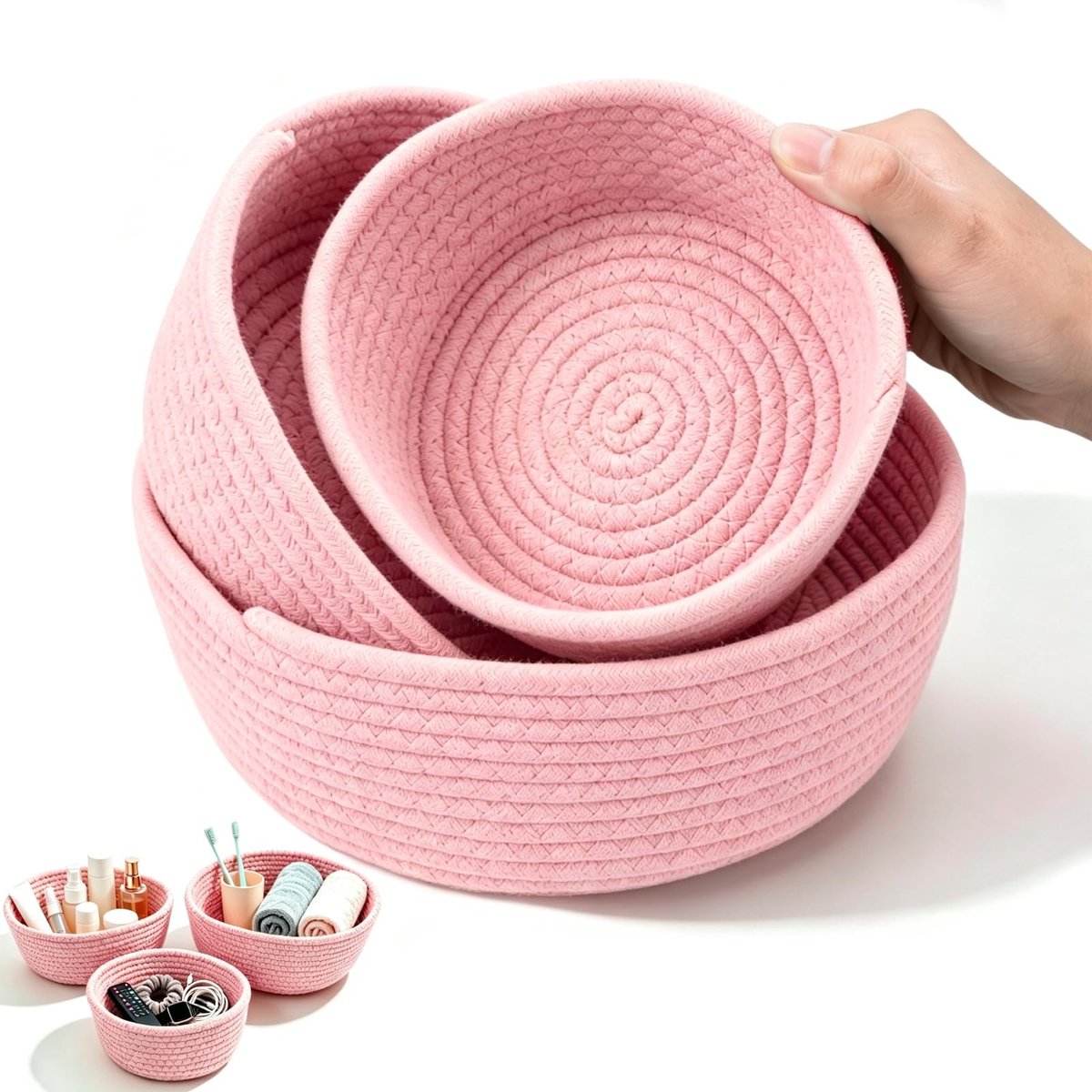 Omgoods - Set van 3 Gevlochten Katoenen Opbergmanden - Roze voor slaapkamer en woonkamer