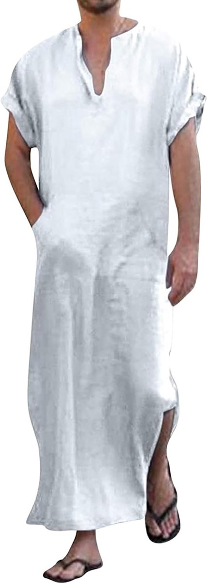 Herenkaftan met V-hals en zijsplit, korte mouwen, katoenen badjas met zakken