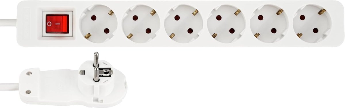 Smart Stekkerdoos, meervoudig stopcontact, 6-voudig, met platte stekker en verlichte schakelaar om energie te besparen, 2 m, 3680 W, wit
