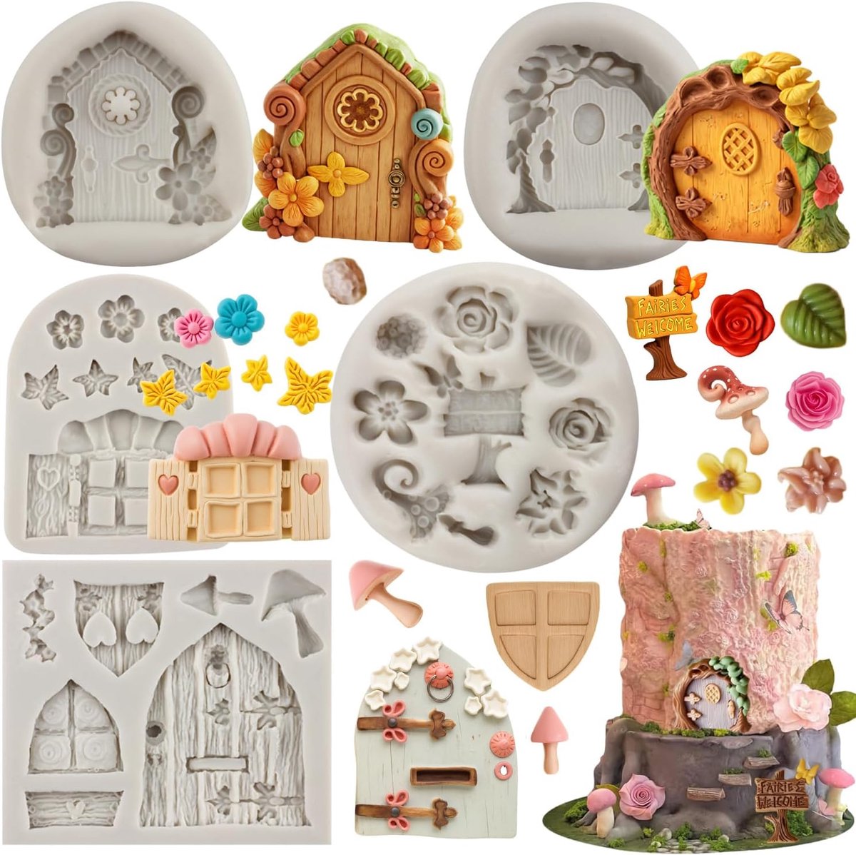 Vintage Fairy Garden Fairy Kabouter Thuis Deur Siliconen Bloem Blad Fondant Mal voor Cake Decoreren Chocolade Snoep Cupcake Topper Decoreren Polymeer Klei Set van 5