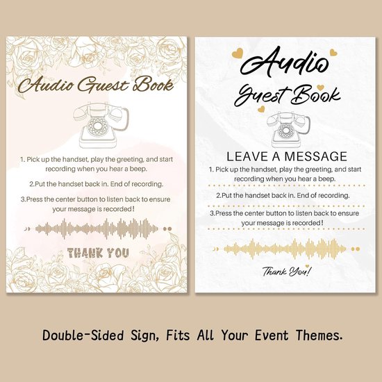 gastenboek bruiloft telefoon met one-touch weergave & instelbaar volume voor bruiloft, jubileum, verjaardagsfeesten, babyshower, wit met bord — afbeelding 4