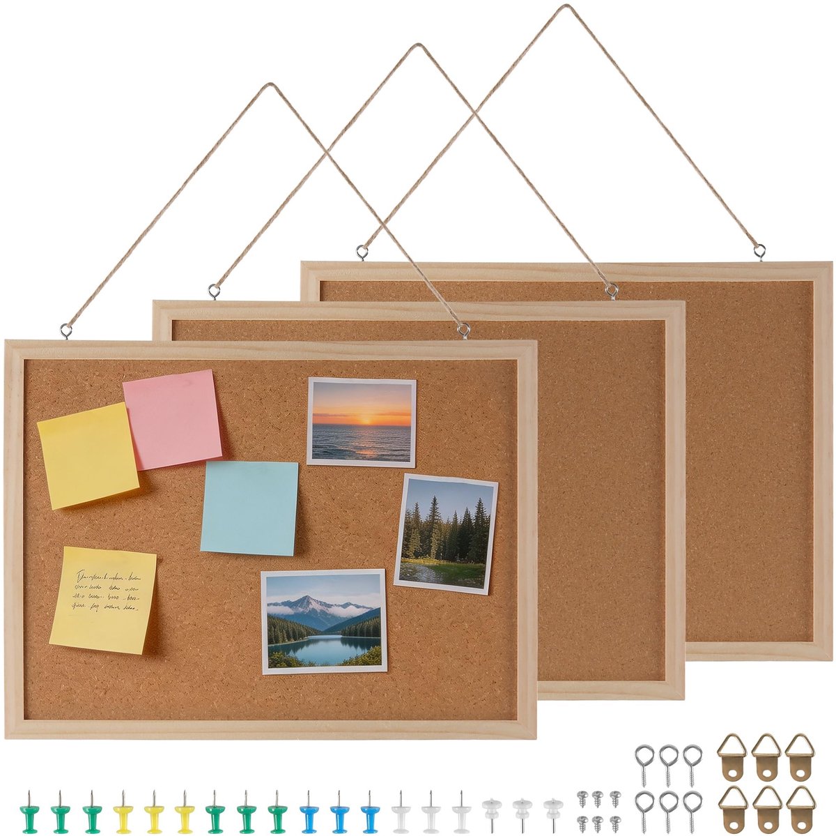 Omgoods - 3 Dubbelzijdige Kurkborden 30 x 40 cm - Houten Wanddisplay met Push-pennen