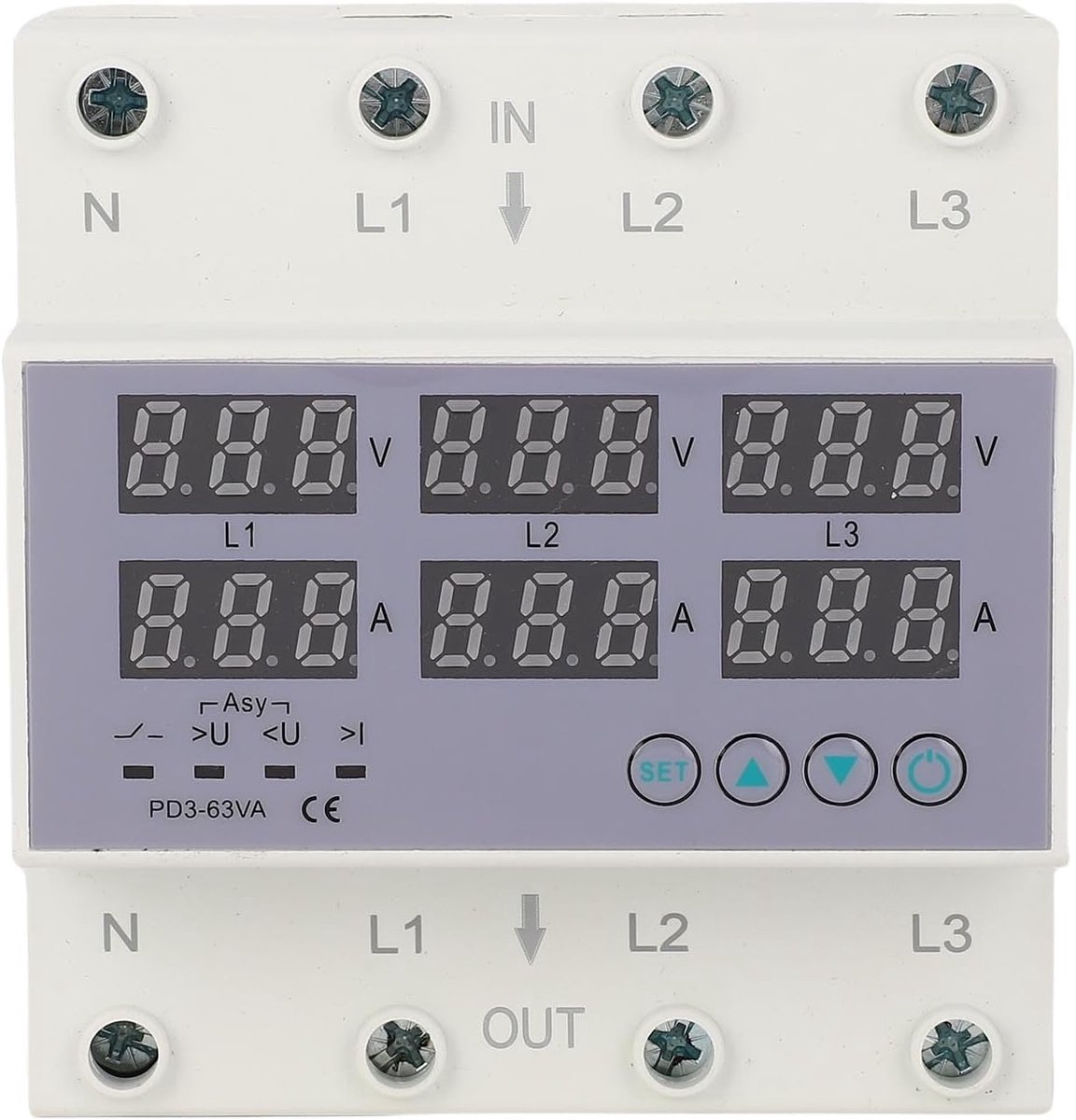 3-fasen DIN-rail Voltmeter Ampèremeter Multitester, AC 390‑500V Automatische Overspanningsbeveiliging voor Overstroom(40A)