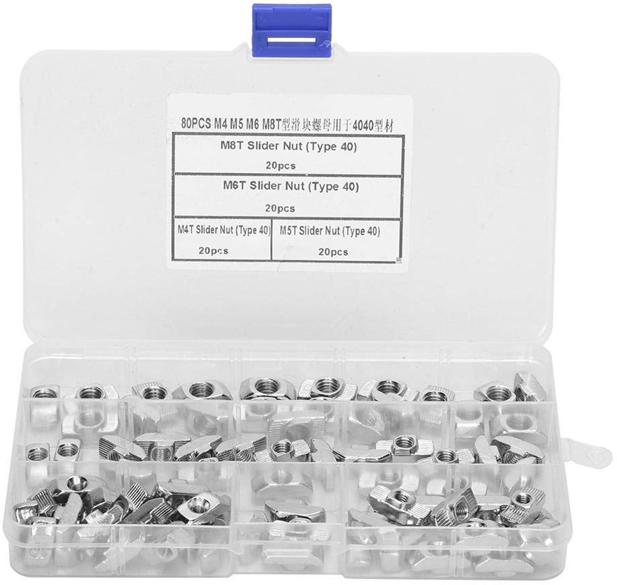 80 stuks. M4 M5 M6 M8 T-moer schuifmoeren Hardware verbindingselementen schuifblok voor 4040 aluminium profielen met kunststof doos