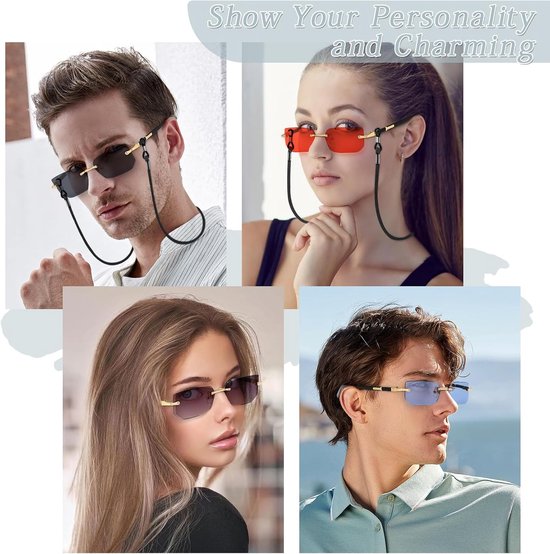 Zonnebril Rechthoekig Frameloze, Modieuze Retro Randloos Zonnebrils, Brilbanden, Ultra-Kleine Frame Bril voor Heren Dames, UV400 Bescherming, Gegraveerde Randen — afbeelding 4