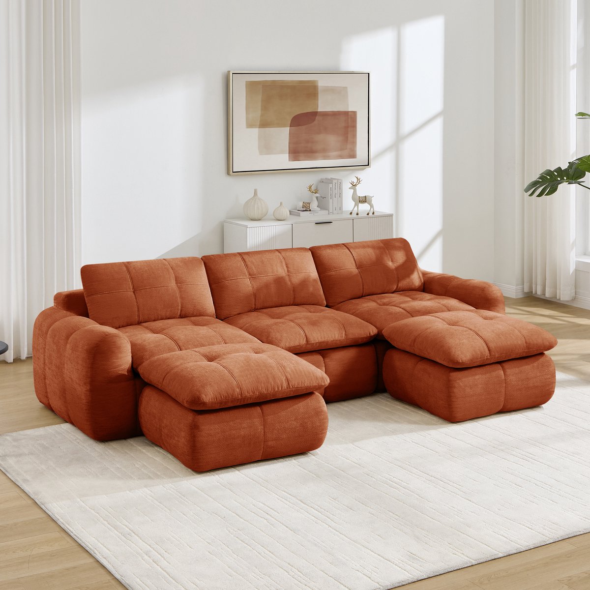 Moderne Hoekbank, U-Bank, 3-Zits bank, 3-Zits U-Vormige Frameloze Modulaire Bank, Bekleed Met Een Heerlijk Zachte Chenillestof, Gevuld Met 32D Schuim Met Hoge Dichtheid, Vrij Combineerbaar, Montagevrij, Oranje