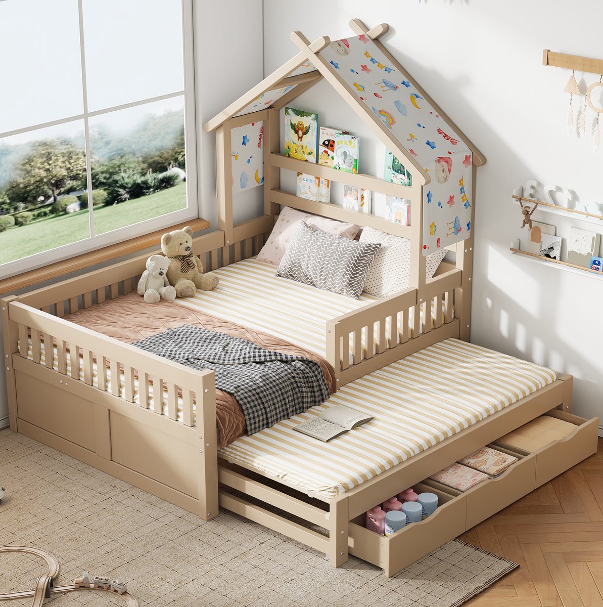 REDOM Kinderbed huisvormig met uitziehbed, 3 opberglades en uitvalbeveiliging - MDF en hout - Cream - 140 x 200 cm - Kinderkamer