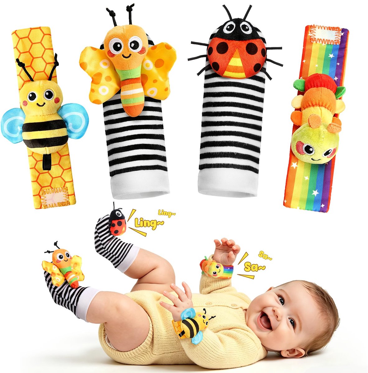 Babysokken - Montessori speelgoed 0-6 maanden - Baby rammelaar - 4 stuks pasgeboren rammelaar pols- en enkelsokken voor baby's - Sensorische rammelaars - Zacht speelgoed - Insectenserie