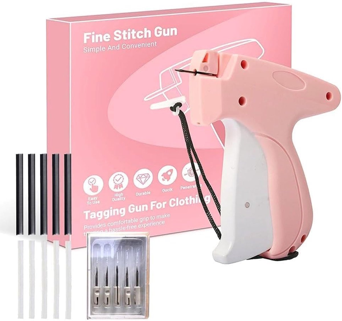 SnelShoppen - Handnaaimachine Mini Quick Repair Tool voor Kleding, Mini Stitch Hem Gun, 5 Naalden Label Gun, 1000 Zwarte en 1000 Witte Fixelementen (R
