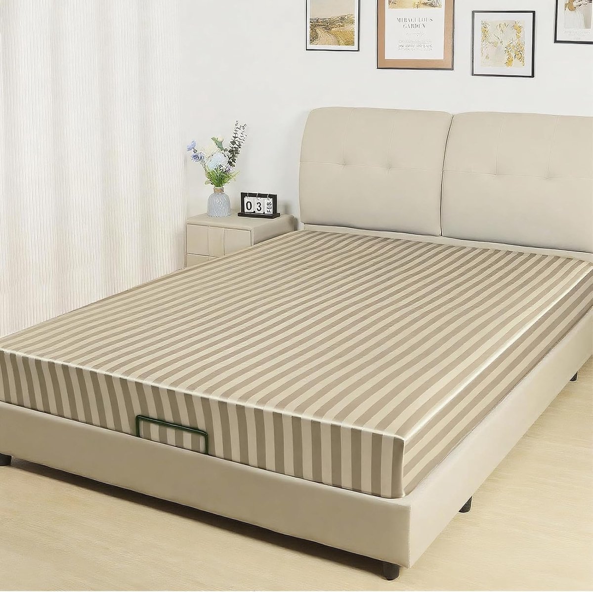SnelShoppen - Luxe Satin Hoeslaken 90 x 200 cm - Khaki Strepen - 36 cm Diepe Hoekjes - 100% Polyester - Ultra-Zacht en Kreukvrij - Perfect voor Alle S