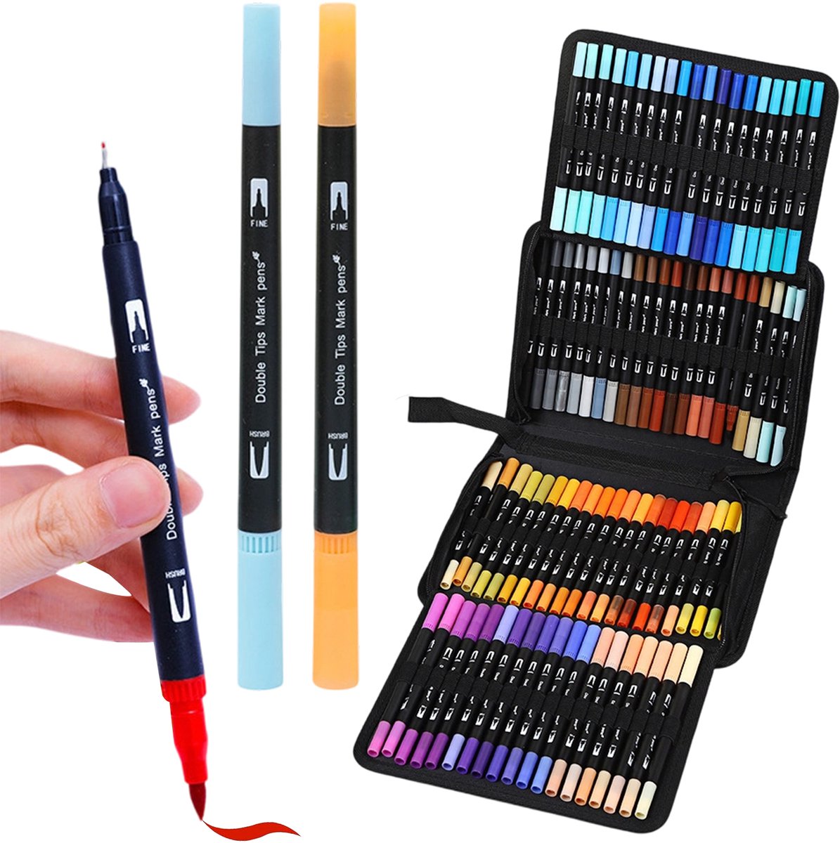 Fokelyi Waterbased Markers 100 Stuks - Twinmarkers Dual-Tip - Uitwasbare Stiften met Fijne en Brede Punt - Markeerstiften - Inclusief Stevige Opbergtas-Voor volwassen en kinderen
