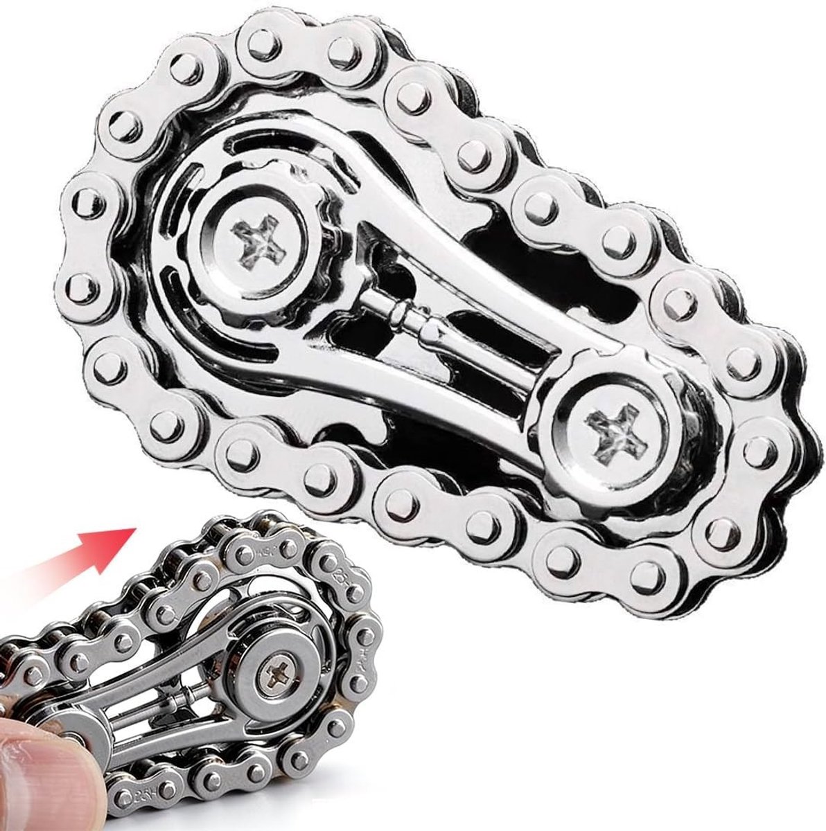Metaal Fidget Spinner met Fietsketting - 2 Snelheden, Stressverlichting Speelgoed, 6 cm Lang, 3,5 cm Breed, 1 cm Hoog, 1 Stuk, Zilver, Perfect voor Ontspanning en Focus