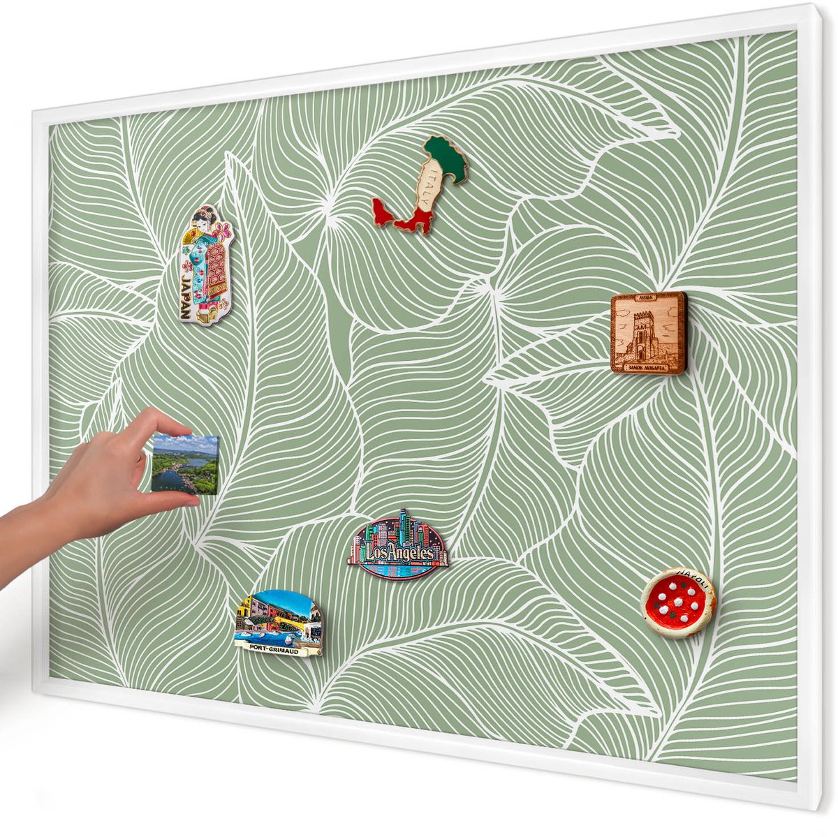 Artprintcave Groente Magneetbord mit Witte Lijst - 100x70 cm - Tropische Bladeren Magnetisch Bord Voor Magneten - Minimalist Bord Voor Magneten - Bloemen En Planten