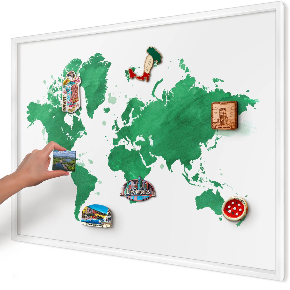 Artprintcave Groente Magneetbord mit Witte Lijst - 100x70 cm - Groene Kaart Wandbord Magnetisch - Waterverf Magneet Bord mit Frame - Kaarten