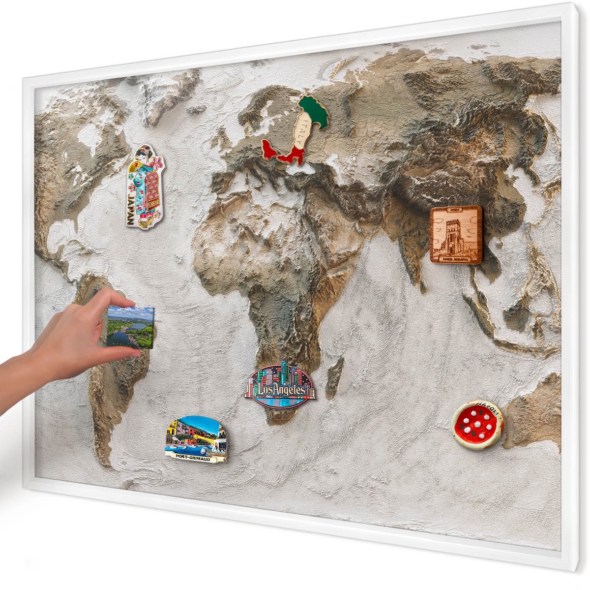 Artprintcave Beige Magneetbord mit Witte Lijst - 100x70 cm - Reliëfkaart Wandbord Magnetisch - Realistisch Magneetbord Voor Foto's - Kaarten